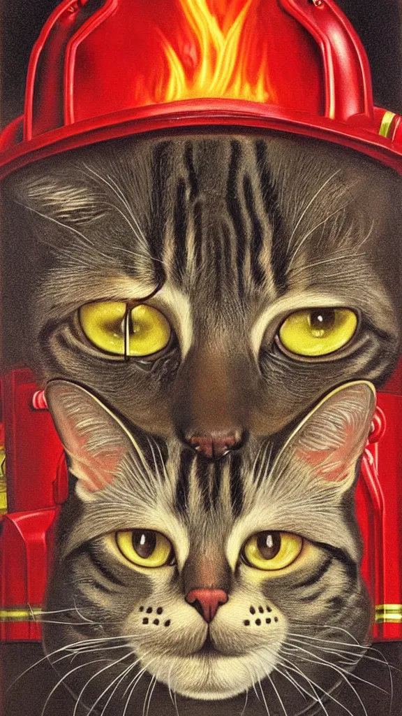 Prompt: symmetrical!! portrait of cat as a fire fighter. close up. soft lighting, retro 8 0 s, realistic illustration, art by peter elson