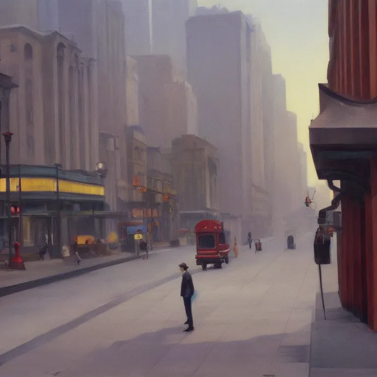 Image similar to streets filled with trash, city fog, early morning, , painted by Edward Hopper, painted by Wayne Barlow, airbrush