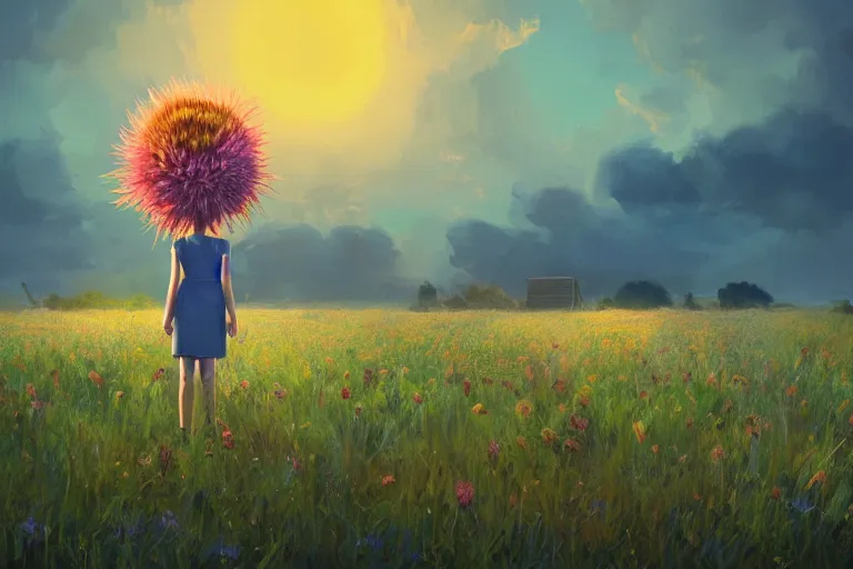 Image similar to closeup, giant thistle flower under head, a girl in a suit in field of flowers, surreal photography, sunrise, blue sky, dramatic light, impressionist painting, digital painting, artstation, simon stalenhag