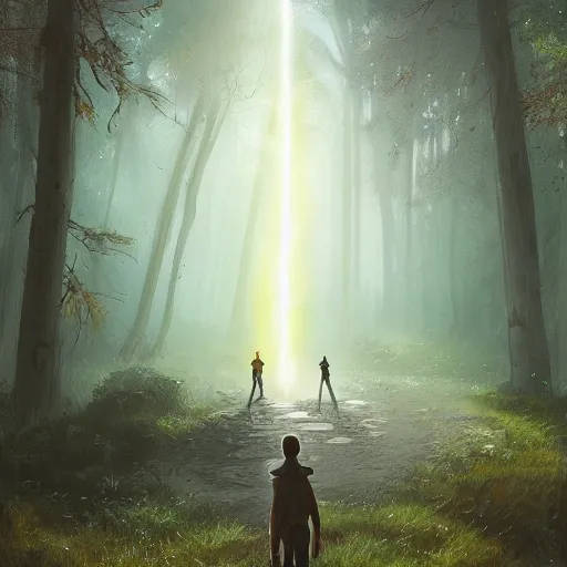 Image similar to ethereal mystery portal, seen by wanderer boy in middle of woods, greg rutkowski art, trending on artstation, artgerm, cgsociety, unreal engine, very smooth, high detail, 4 k, concept art, brush strokes, volumetric lighting, lighting refraction, pixiv art, sharp focus, raging dynamic sky, heavens