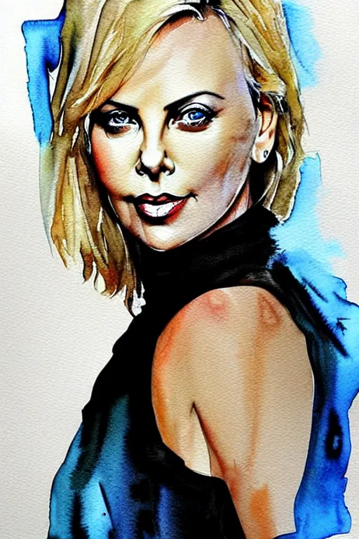 Prompt: charlize theron, watercolor portrait by ana santos