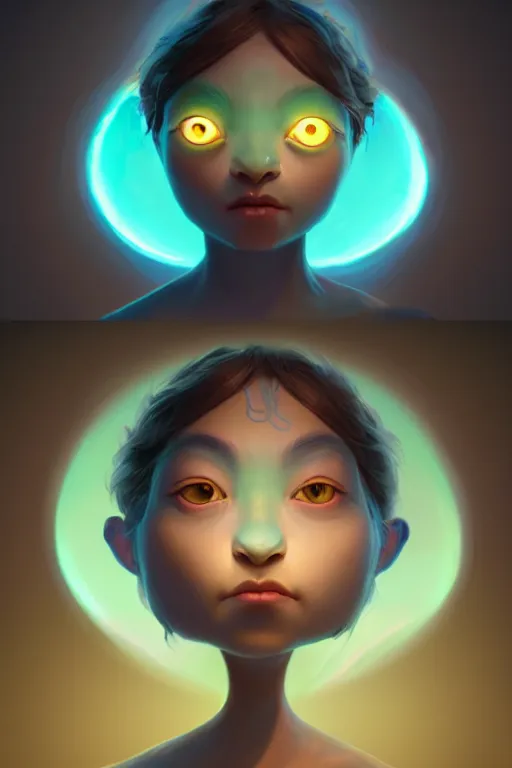 Image similar to super cute Bioluminescent earth deity character concept, only one face, soft light, soft mood, realistic body features and face, illustration, painting oil on canvas by Elena Zhurikhina and Goro Fujita and Charlie Bowater, octane render trending on artstation, 4k, 8k, HD