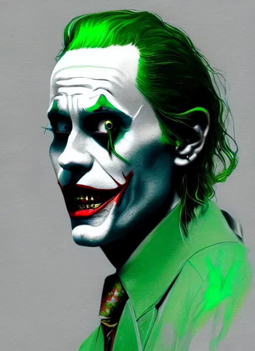 Image similar to portrait of jared leto as the joker, green hair, intricate, elegant, glowing lights, highly detailed, digital painting, artstation, concept art, sharp focus, illustration, art by wlop, mars ravelo and greg rutkowski