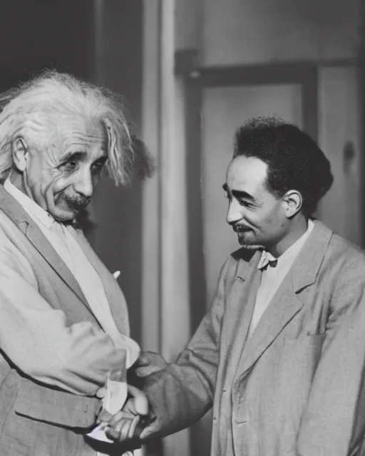 Image similar to A photo of Albert Einstein shaking hands with Oppenheimer , highly detailed, trending on artstation, bokeh, 90mm, f/1.4