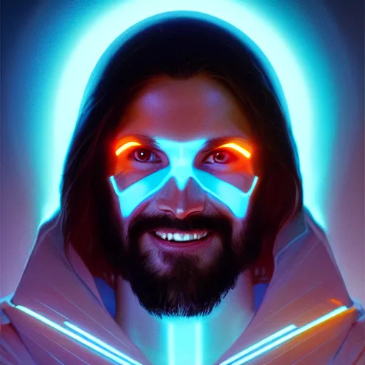 Prompt: tron legacy jesus, face closeup, laughing, diffuse lighting, hyper realistic, concept art, intricate, hyper detailed, smooth, sharp focus, illustration, trending on artstation, art by greg rutkowski and james gurney and alphonse mucha