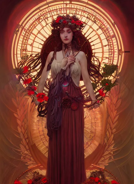 Image similar to the goddess demeter, straw wreath, full body, steampunk, glowing eyes, volumetric lights, red and cyan theme, art nouveau botanicals, intricate, highly detailed, digital painting, artstation, concept art, smooth, sharp focus, cinematic, illustration, beautiful face, art by artgerm and greg rutkowski and alphonse mucha