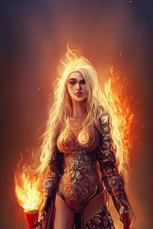 Prompt: Beautiful Fire Goddess in ornate bikini armor walking toward a riverside town while holding a fireball, on fire, long blonde flaming hair, digital art, trending on artstation, cgsociety, detailed, illustration, professional art by Seb McKinnon