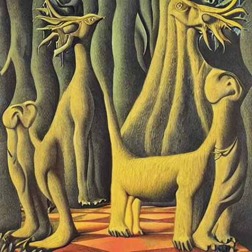 Image similar to king of the beasts 666, by Rene Magritte, by Remedios Varo, by M.C. Escher, fairy-tale illustration style, very detailed, colorful, beautiful, eerie, surreal, psychedelic