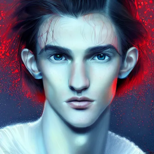 Image similar to portrait of a thin young man with long red hair, ponytail, a lot of freckles on his face, an earring, intricate, elegant, glowing lights, highly detailed, digital painting, artstation, concept art, smooth, sharp focus, illustration