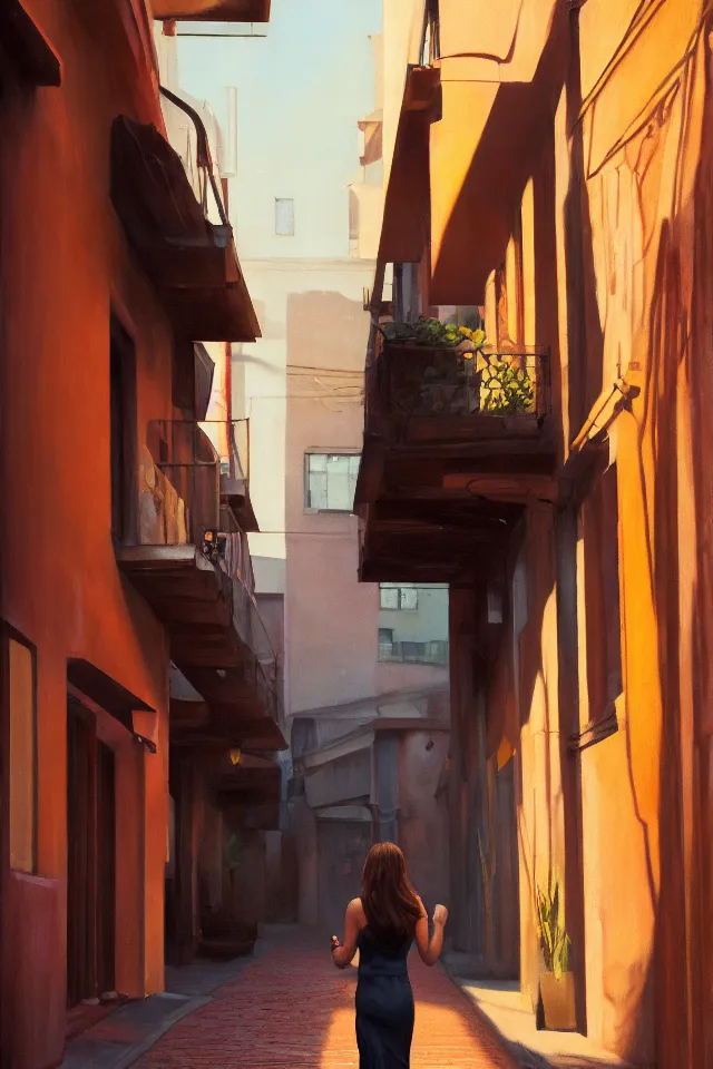 Prompt: a portrait of a beautiful girl walking down an alleyway, market setting, warm colors, soft lighting, atmospheric, cinematic, moody, in the style of diego koi, gina heyer, luiz escanuela, art by alyssa monk, hyperrealism, rule of thirds, oil on canvas, 8 k