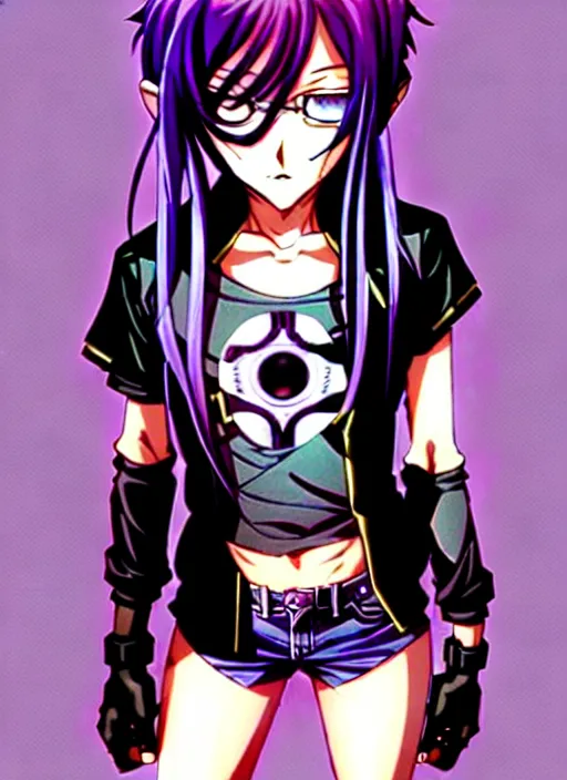 Prompt: style of madhouse studio anime, rei hiroe black lagoon manga, loish, artgerm, joshua middleton comic art, portrait of revy from black lagoon, purple hair, symmetrical eyes and symmetrical face, jean shorts, white tank top, waist up, sarcastic evil smirk on face, sky and ocean background