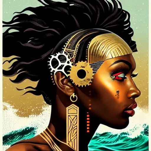 Prompt: portrait and side profile of a black woman :: side profile :: in ocean :: clockwork details :: gold :: blood and horror :: by vikings and Sandra Chevrier