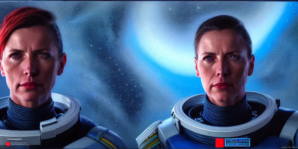 Image similar to ( ( ( ( ( hyperrealist distant portrait of commander shepard on a blue planet where it rains colors. ) ) ) ) ) by donato giancola, science fiction, photorealistic, octane render, unreal engine, dynamic lighting, trending on artstation, poster, volumetric lighting, very detailed faces, 4 k, award winning