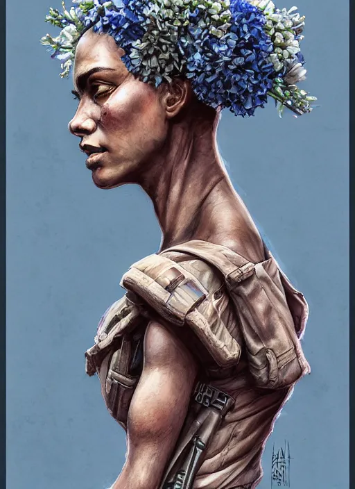 Image similar to handmade character portrait of an american soldier covered in amaratyllis, hydrangea, chrysanthemum and hyacinth, in the style of artgerm and enki bilal and bastien lecouffe - deharme, wlop, line art, watercolor, cinematic lighting, hyperdetailed, hyperrealistic