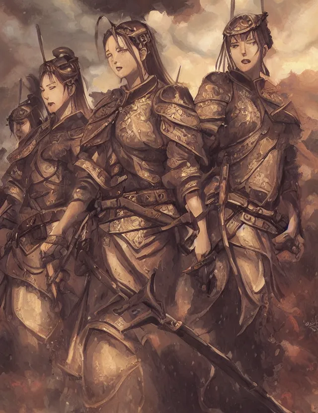 Prompt: the order of sisters of war. this oil painting by the award - winning mangaka has cinematic lighting, a contrasting color scheme and intricate details.