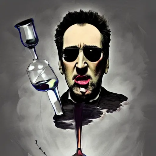 Image similar to Tarantino drinking from bottle Nicolas Cage in liquid form, Surrealism, Surreal drawing, Digital art, from artstation, art by Salvador Dali