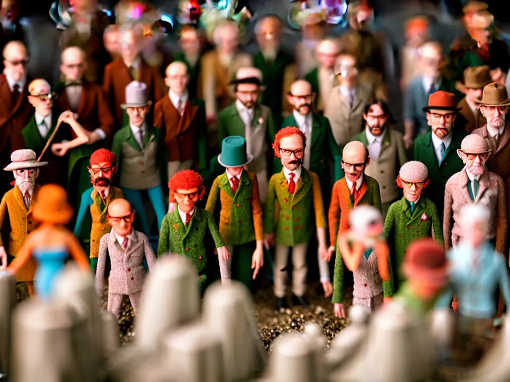 Image similar to macro photo of tiny claymation people wes anderson sharp focus