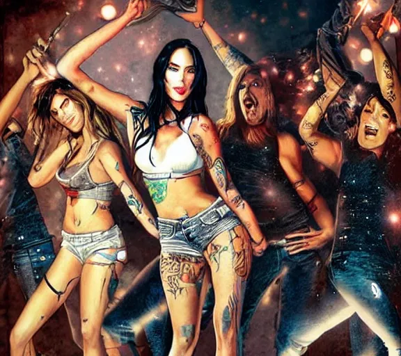 Prompt: Megan Fox on stage playing rock and roll with the rest of the band, flashing concert lights, by Bastien Lecouffe-Deharme