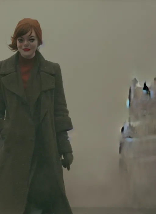 Prompt: emma stone getting out of taxi in winter, faded color film, russian cinema, tarkovsky, kodachrome, old clothing, heavy fog, 4 k, dramatic lighting, greg rutkowski