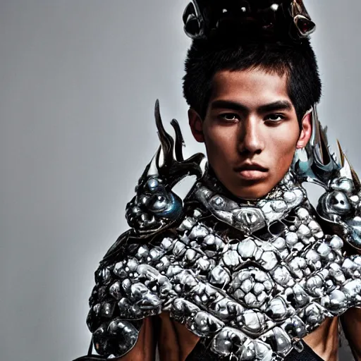 Image similar to a portrait of a beautiful young mexican male wearing an alexander mcqueen armor made of saphire, photographed by andrew thomas huang, artistic