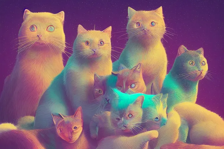 Image similar to beautiful art illustration of a group of happy cats by beeple, highly detailed