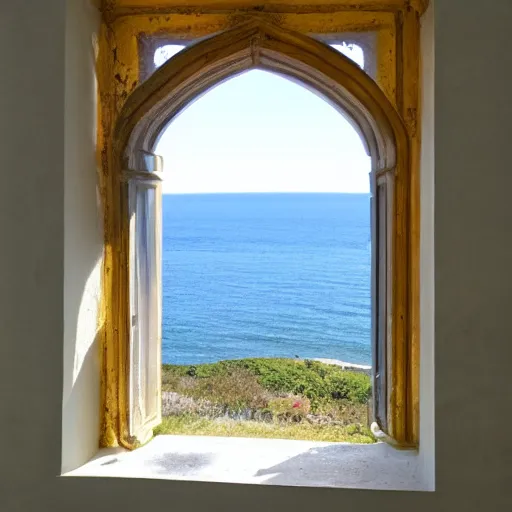 Prompt: a mullioned window through which you can see the sea with big shark fins