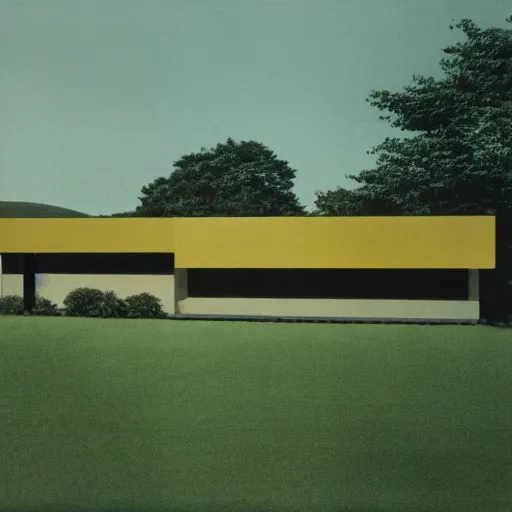 Prompt: architecture ad for a mid-century modern house designed by miss van der rohe. Film grain, cinematic, colorized, yellow hue.