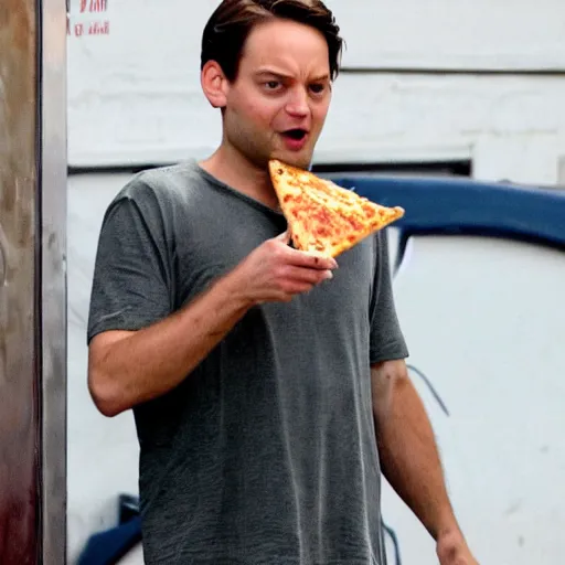 Image similar to tobey maguire eating all of the pizza, gross, disgusting, messy, annoyed, greasy, wet