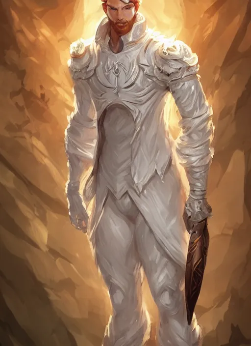 Image similar to a highly detailed illustration of short ginger haired man wearing white suit, dramatic holding grimoire pose, muscular, intricate, elegant, highly detailed, centered, digital painting, artstation, concept art, smooth, sharp focus, league of legends concept art, WLOP