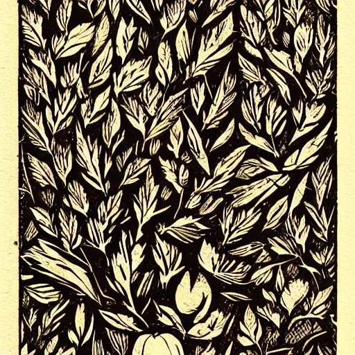 Image similar to fall leaves woodcut stamping by greg rutkowski