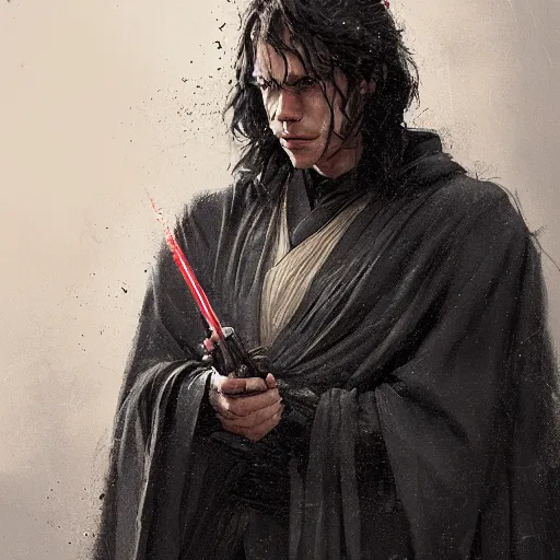Prompt: portrait of a man by greg rutkowski, british features, messy black long hair, black robes, star wars expanded universe, he is about 2 0 years old, wearing jedi robes, highly detailed portrait, digital painting, artstation, concept art, smooth, sharp foccus ilustration, artstation hq