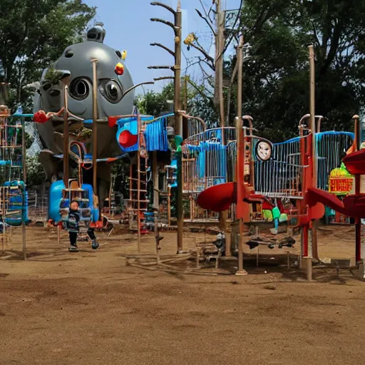 Image similar to studio ghibli post apocalyptic playground with little kids playing on it