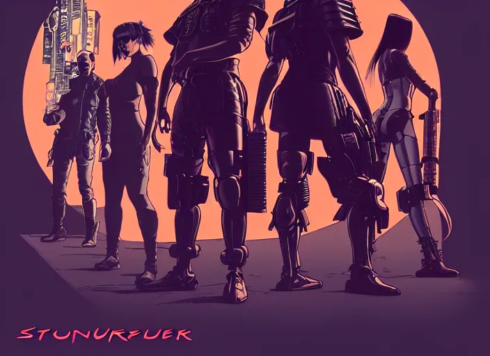 Image similar to cyberpunk samurai team. portrait by stonehouse and mœbius and will eisner and gil elvgren and pixar. character design. realistic proportions. cyberpunk 2 0 7 7 character art, blade runner 2 0 4 9 concept art. cel shading. attractive face. thick lines. the team. diverse characters. artstationhq.