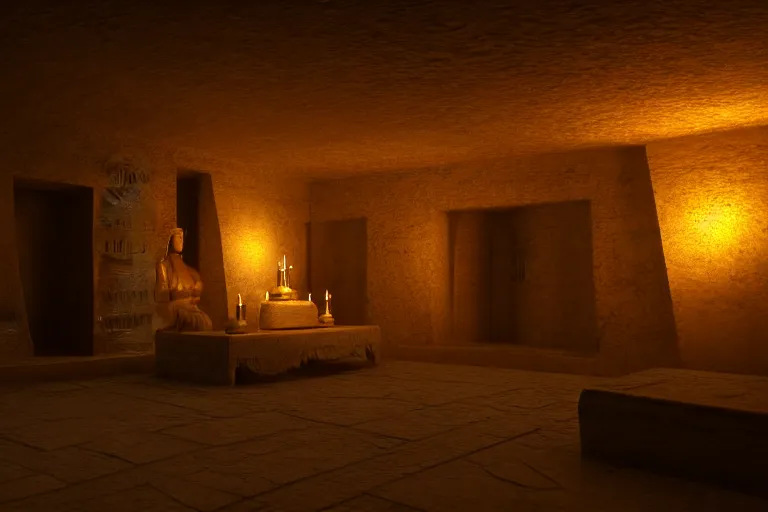 Prompt: a room full of treasure in an egyptian tomb, candlelit, volumetric light, highly detailed, trending on artstation