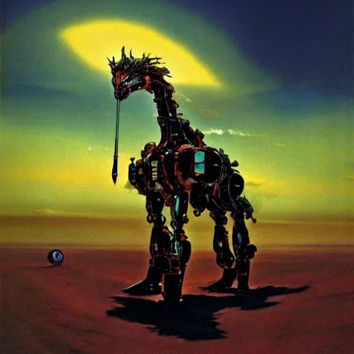 Prompt: Magnificent mecha-dragon hybrid by Roger Dean, by Dean Ellis, surrealism, mecha, dragon , horse