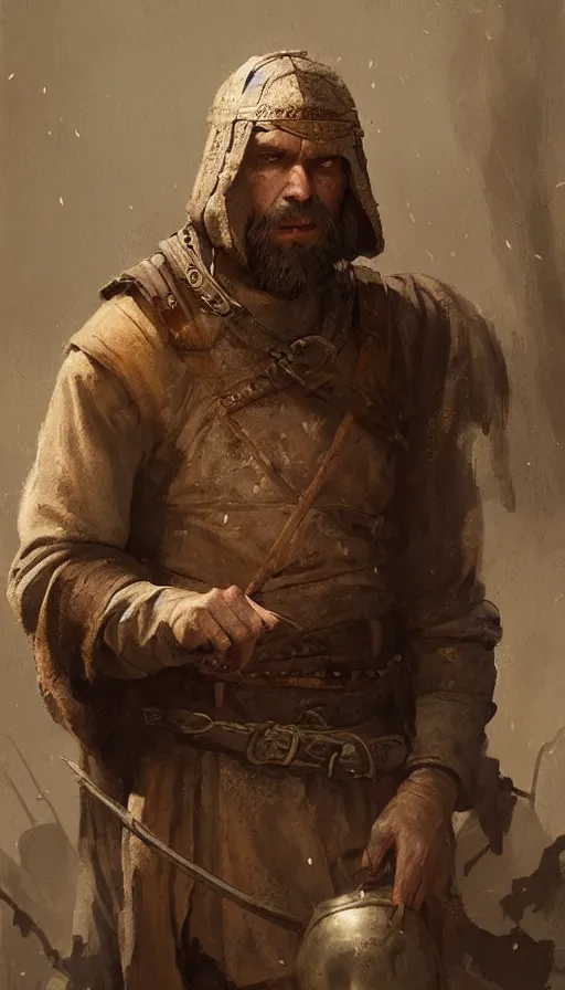 Prompt: Portrait of a medieval peasant, male, detailed face, fantasy, highly detailed, cinematic lighting, digital art painting by greg rutkowski