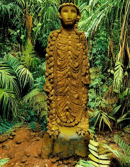 Prompt: vintage color photo of a 1 1 0 million years old inca gold sculpture covered by the jungle vines