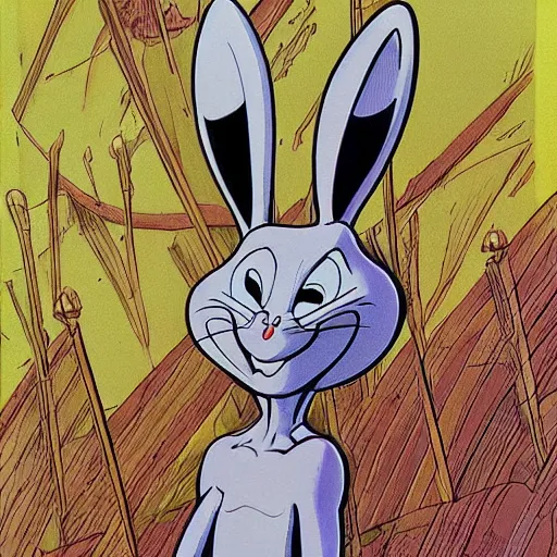 Prompt: Bugs Bunny. concept art by James Gurney and Mœbius.