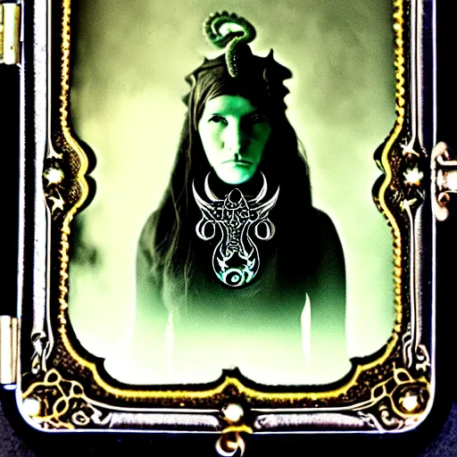 Image similar to tintype ambrotype daguerreotype of a cthulhu priestess adorned in occult jewelery with tentacle hair. emerging walking out of a slithering baroque frame. she is high priestess of cthulhu. tintype