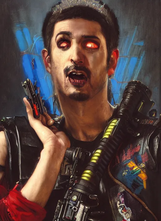 Prompt: crazy eddie. cyberpunk clown wearing a military vest and combat gear. (Cyberpunk 2077, bladerunner 2049). Iranian orientalist portrait by john william waterhouse and Edwin Longsden Long and Theodore Ralli and Nasreddine Dinet, oil on canvas. Cinematic, hyper realism, realistic proportions, dramatic lighting, high detail 4k