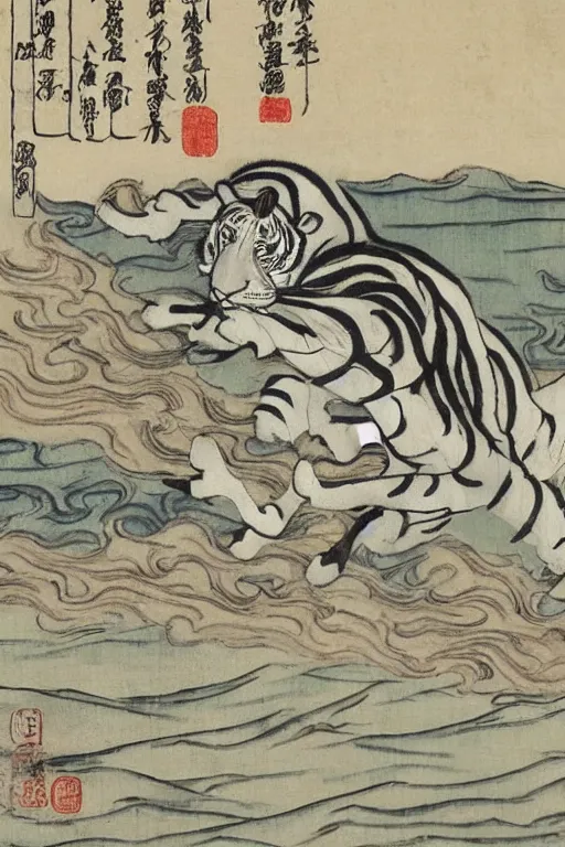 Prompt: a white tiger prancing on a great river, thunderstorms, edo period