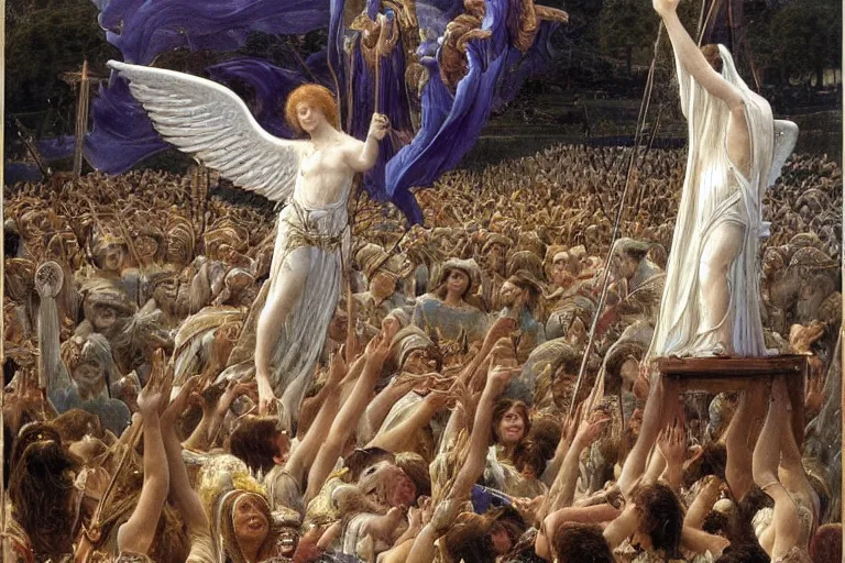 Prompt: an angelic being descends from the clouds holding five swords and below a crowd of shouting villagers wave their hands in the air, painting by jeanne delville, extremely detailed, award - winning,