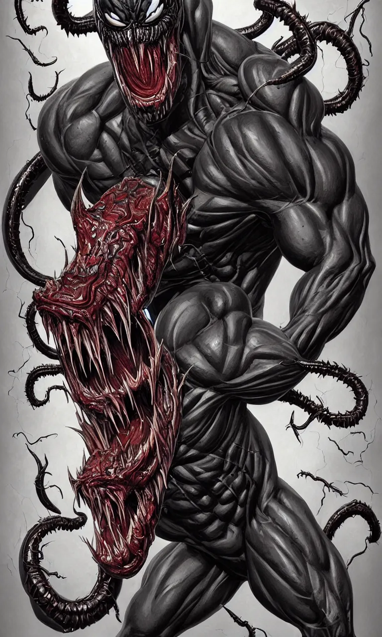 Image similar to hyper realistyc anatomically acurate full body long shot of bodybuilder venom from marvel comics!!!!, large mouth with teeth, lovecraftian horror, fantasy, intricate, elegant, highly detailed, digital painting, artstation, concept art, matte, sharp focus, illustration, art by glenn fabry