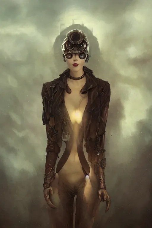 Image similar to By Tom Bagshaw, Abstract tech, a very beautiful steampunk female in bodysuit, ruins by night, symmetric body features proportions, horror, volumetric clouds and fog, focus, detailed, realistic eyes looking at camera, symmetric body features proportions, golden ratio, intricate details, award winning, unreal render, by Tom Bagshaw