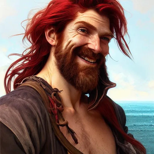 Image similar to portrait of a young ruggedly handsome but joyful pirate, male, masculine, upper body, crimson hair, long long flowing hair, fantasy, smug smirk, intricate, elegant, highly detailed, digital painting, artstation, concept art, matte, sharp focus, illustration, art by artgerm and greg rutkowski and alphonse mucha