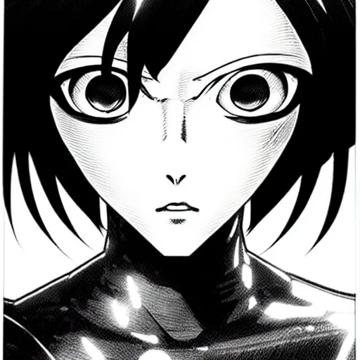 Image similar to alita by yukito kishiro. medium shot. black and white manga. pencil drawing. high detailed face