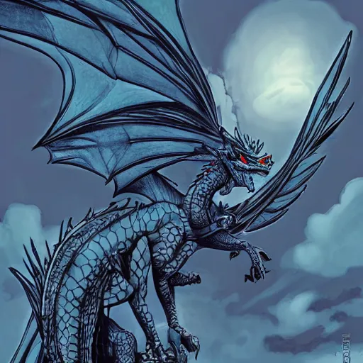 Image similar to A large azure dragoness atop a castle tower by Andy Kubert, noir, gloomy, highly detailed