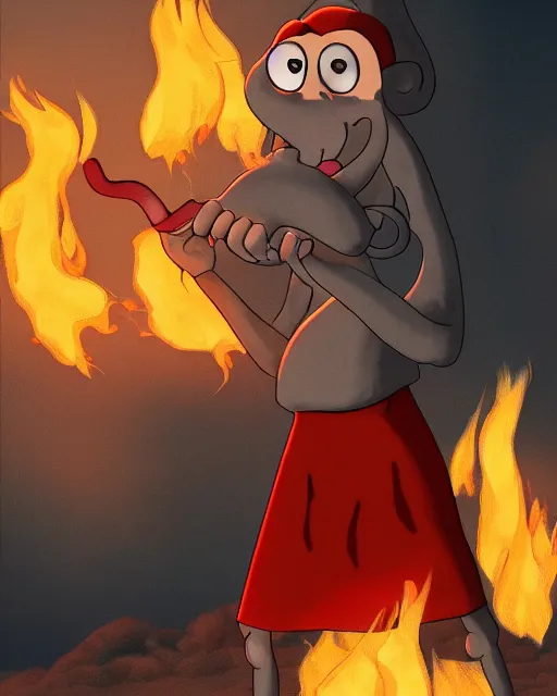 Prompt: squidward tentacles wearing fire nation clothing and practicing firebending outside at susnset [ [ photorealistic ] ]