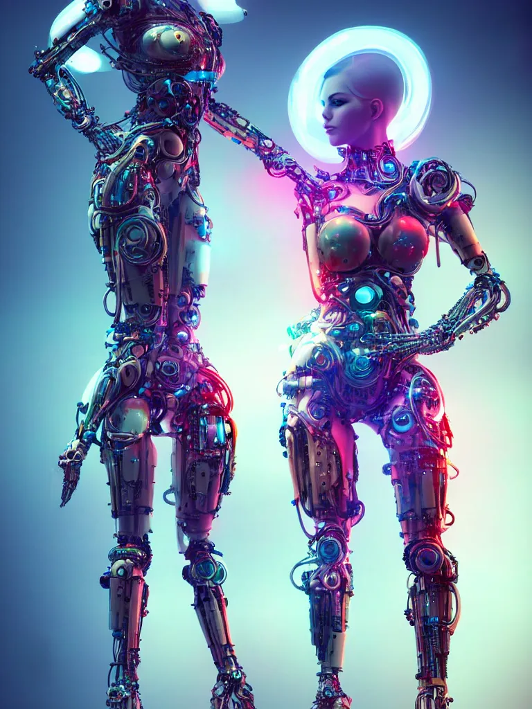 Prompt: full lenght shot woman in biomechanical dress, inflateble shapes, wearing epic bionic cyborg implants of different colors, masterpiece, intricate, biopunk futuristic wardrobe, highly detailed, artstation, concept art, background galaxy, cyberpunk, octane render