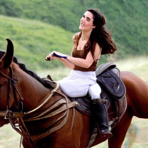 Prompt: jennifer connelly riding a horse high detail